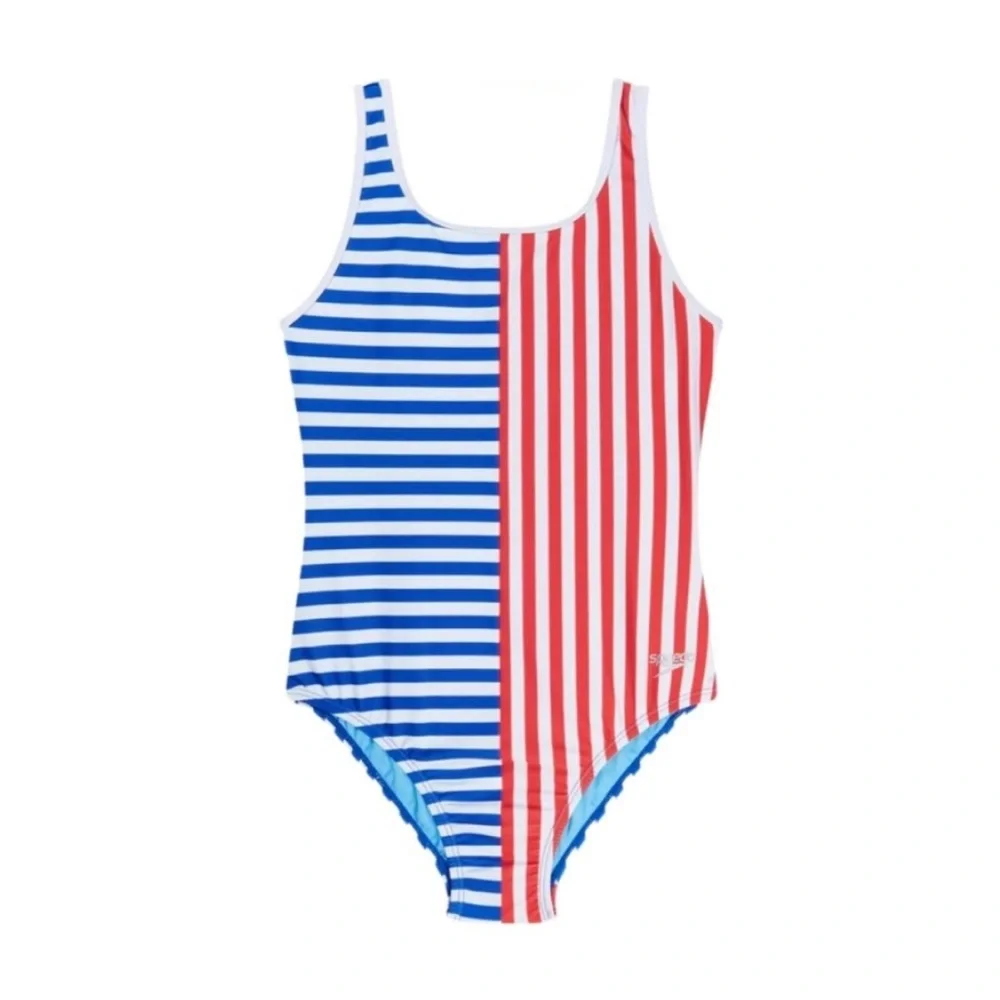 Speedo Girl’s Swimsuit One Piece Blue and Red Stripes Size 14 NWT UPF 50+